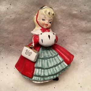 1957 NAPCO Christmas Shopper Girl Planter Figurine Muff Purse Blonde Vintage